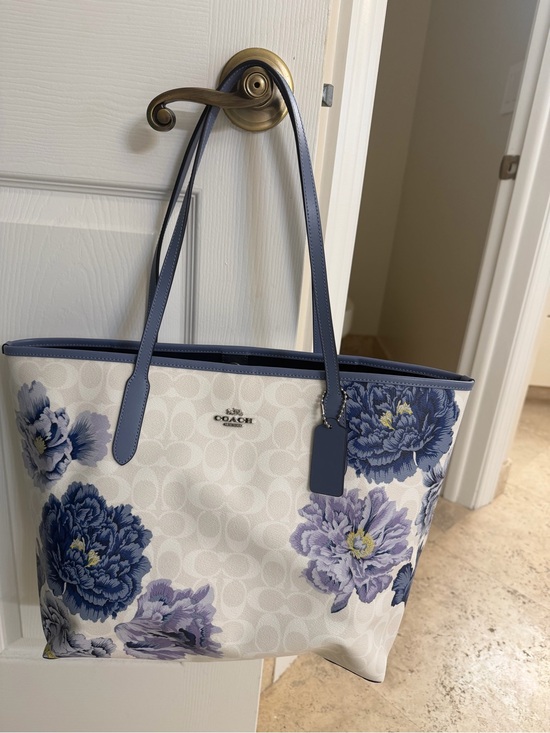 Coach Handbags - Coach Blue Floral Signature Canvas Tote with Leather Trim